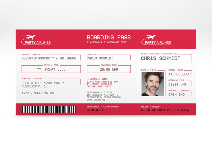 Einladung 50. Geburtstag Boardingpass lange Karte quer rot