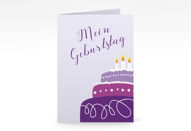 Einladungskarte Kindergeburtstag Geburtstagstorte A6 Klappkarte hoch flieder hochglanz