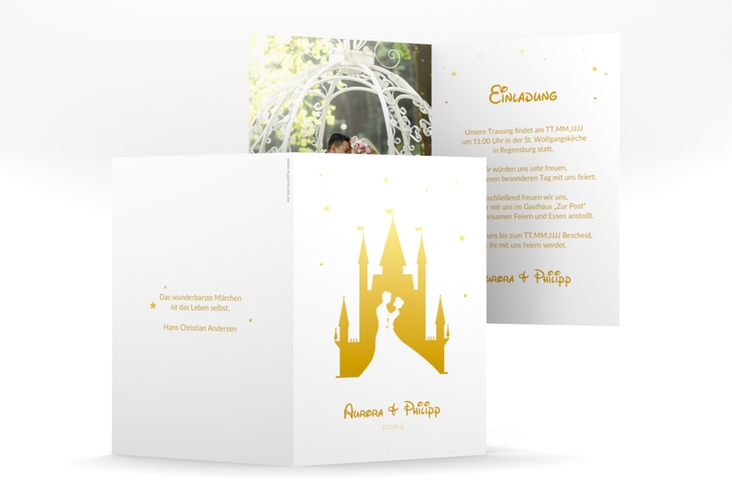 Einladungskarte Hochzeit Castle A6 Klappkarte hoch gold