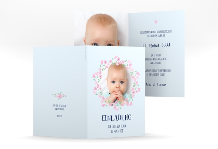 Einladungskarte Taufe Flowery A6 Klappkarte hoch blau