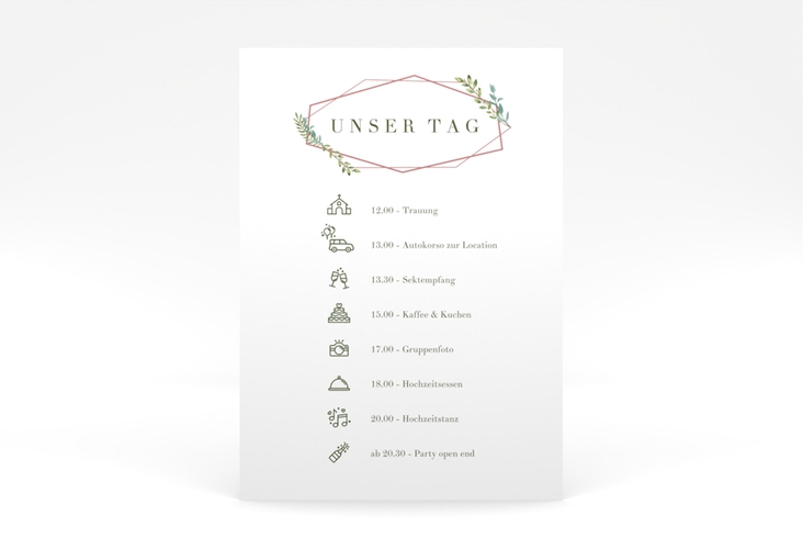 Tagesablauf Poster Hochzeit Herbarium 50 x 70 cm Poster rosa mit geometrischem Rahmen und Blätter-Dekor