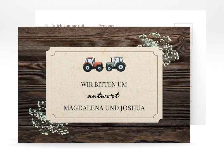 Antwortkarte Hochzeit Bauernhochzeit A6 Postkarte in rustikaler Holz-Optik mit Schleierkraut und zwei kleinen Traktoren