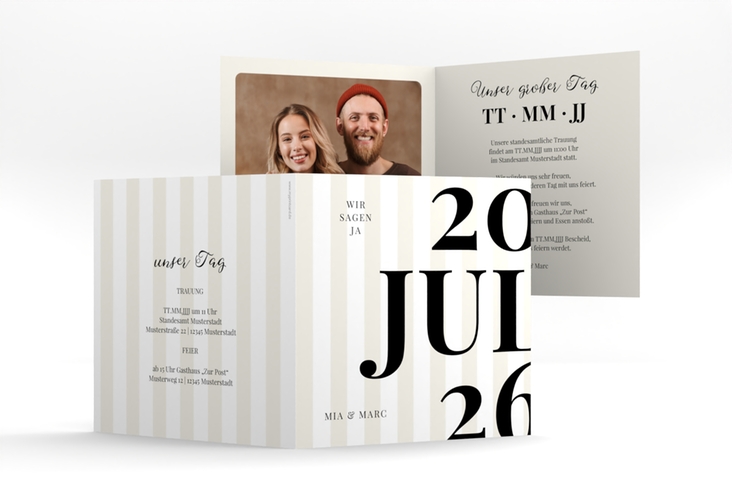 Hochzeitseinladung Streifen quadr. Klappkarte beige