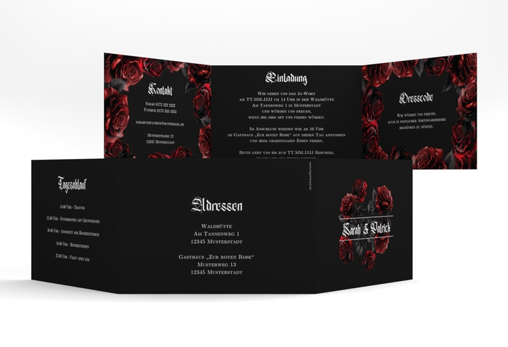 Hochzeitseinladung Gothic Rose A6 Doppel-Klappkarte schwarz hochglanz