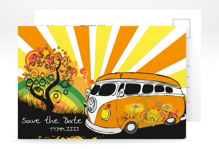 Save the Date-Postkarte Geburtstag Heiko/Heike A6 Postkarte im Retro-Design mit Hippie-Bus