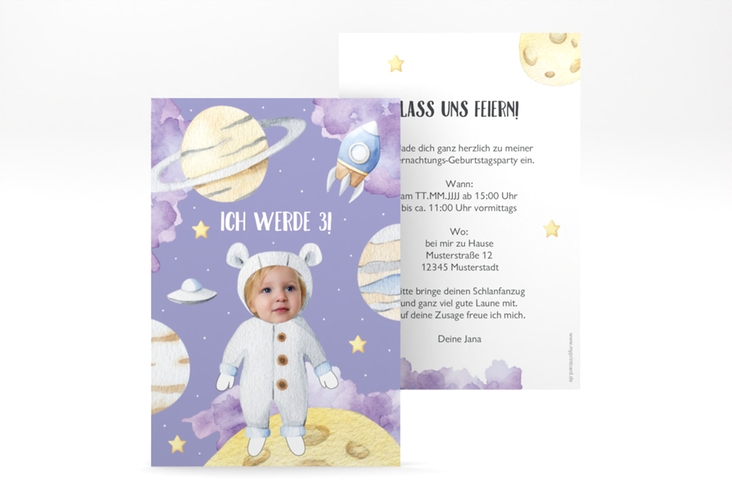 Einladungskarte Kindergeburtstag Kosmos A6 Karte hoch mit Astronaut im Weltraum