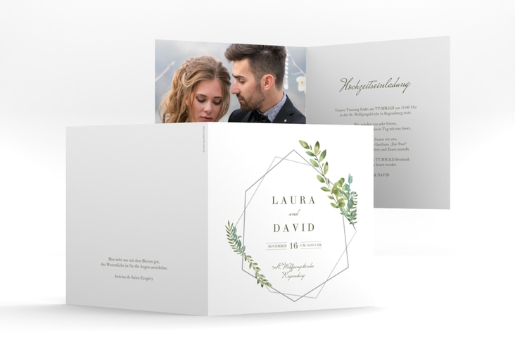 Hochzeitseinladung Herbarium quadr. Klappkarte grau hochglanz mit geometrischem Rahmen und Blätter-Dekor
