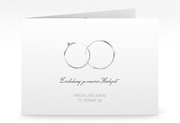 Hochzeitseinladung Trauringe mittlere Klappkarte quer grau hochglanz minimalistisch gestaltet mit zwei Eheringen