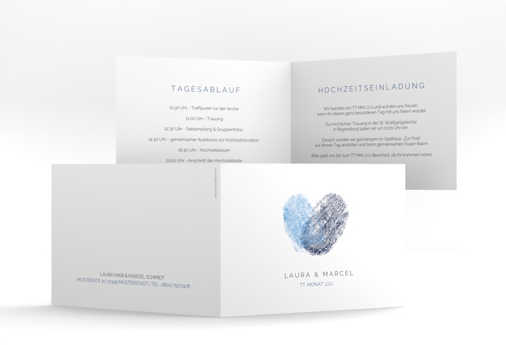 Hochzeitseinladung Fingerprint A6 Klappkarte quer blau hochglanz schlicht mit Fingerabdruck-Motiv