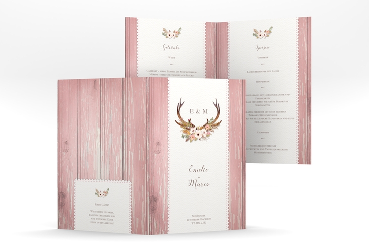 Menükarte Hochzeit Heimatjuwel A5 Klappkarte hoch rosa hochglanz mit Hirschgeweih und Holz-Hintergrund