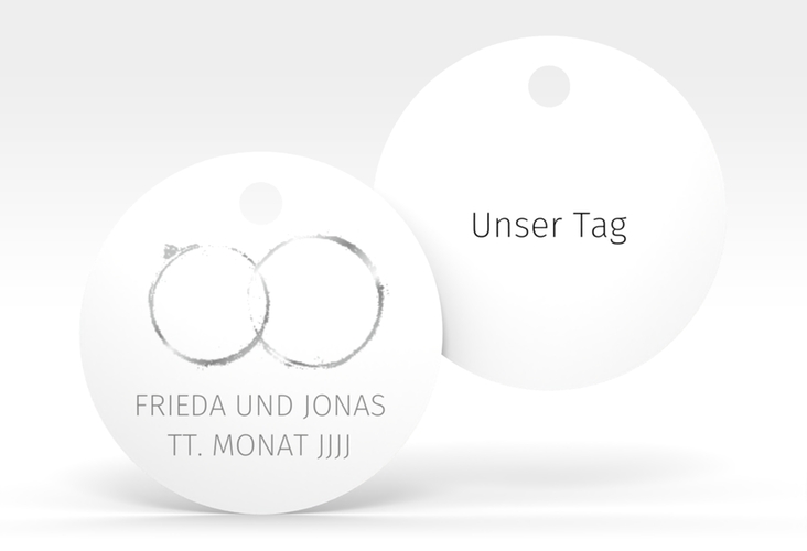Geschenkanhänger Hochzeit Trauringe Geschenkanhänger, rund grau hochglanz minimalistisch gestaltet mit zwei Eheringen
