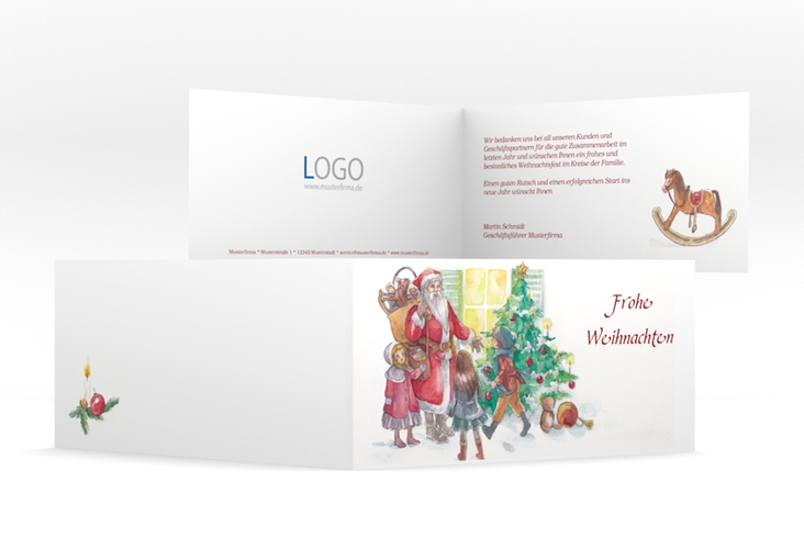 Geschäftliche Weihnachtskarte Beschenken lange Klappkarte quer hochglanz mit Aquarell-Illustration von Weihnachtsmann und Kindern