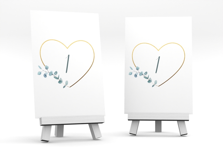 Tischnummer Hochzeit Greenheart Tischaufsteller mit elegantem Herz und Eukalyptus-Zweig