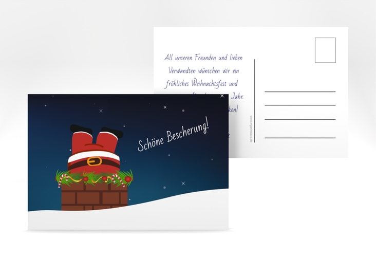 Weihnachtskarte Kamin A6 Postkarte hochglanz humorvoll mit Weihnachtsmann im Kamin