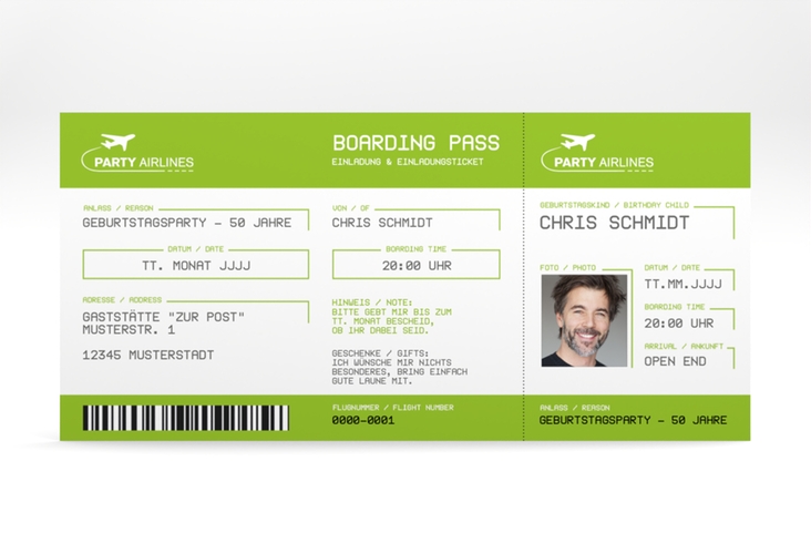 Einladung 50. Geburtstag Boardingpass lange Karte quer gruen hochglanz