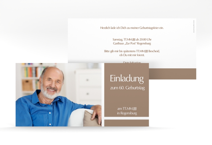 Einladung 60. Geburtstag Gerd/Gerda lange Karte quer braun hochglanz mit Foto