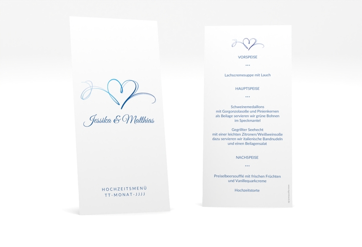 Menükarte Hochzeit Envie lange Karte hoch blau