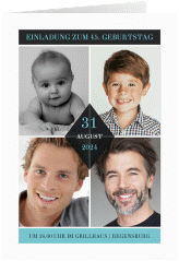 Einladung Geburtstag Rhombus A6 Klappkarte hoch tuerkis modern mit vier Fotos