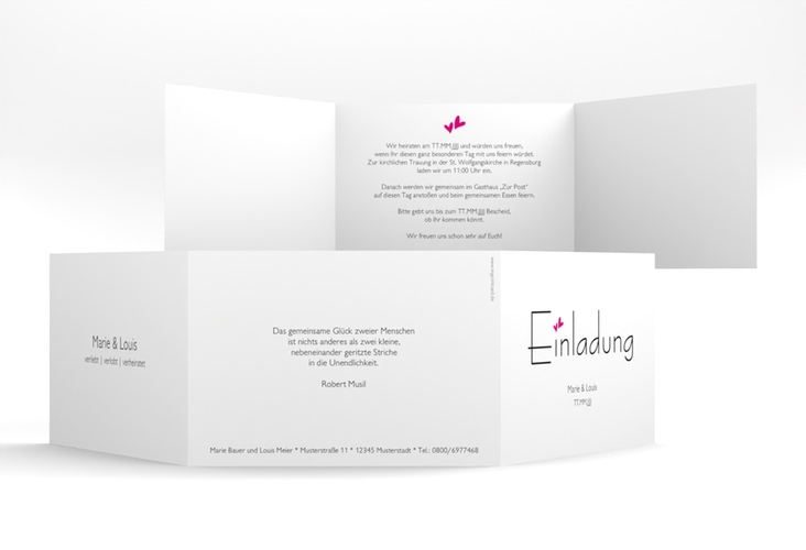 Hochzeitseinladung Twohearts A6 Doppel-Klappkarte pink hochglanz