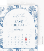 Klick: Details zu Save the Date-Kalenderblatt "Blue Floral" anzeigen Save the Date-Kalenderblatt Blue Floral Kalenderblatt-Karte weiss mit blauem Blumenmuster auf weißem Grund