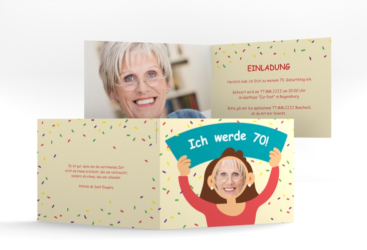 Einladung 70. Geburtstag Comic Woman A6 Klappkarte quer beige