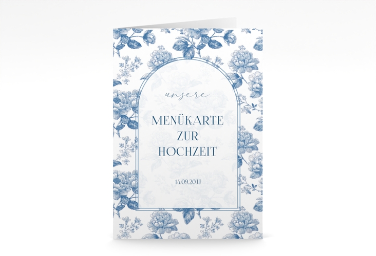 Menükarte Hochzeit Blue Floral A5 Klappkarte hoch mit blauem Blumenmuster auf weißem Grund