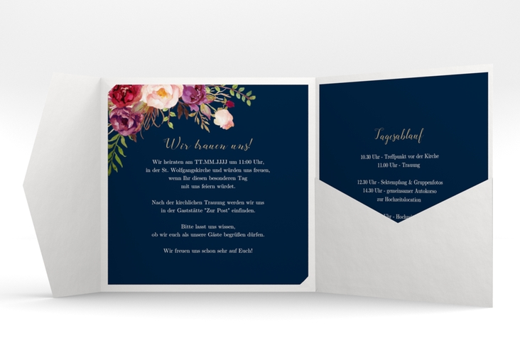 Hochzeitseinladung Flowers Pocketfold blau mit bunten Aquarell-Blumen