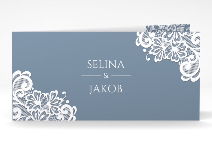 Dankeskarte Hochzeit Vintage lange Klappkarte quer blau hochglanz mit floraler Spitze