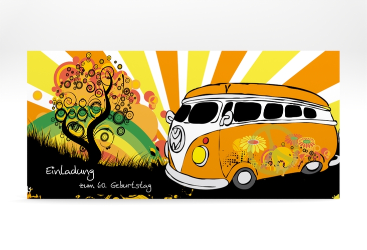 Einladung 60. Geburtstag Heiko/Heike lange Karte quer hochglanz im Retro-Design mit Hippie-Bus