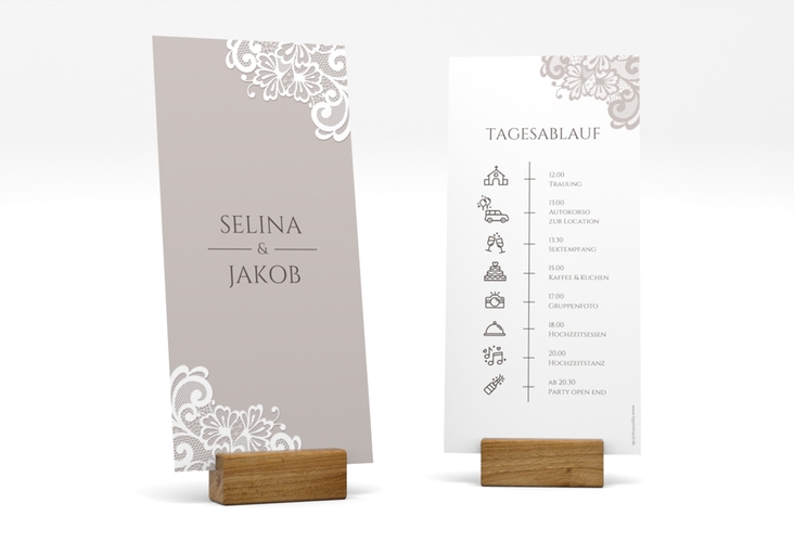 Tagesablauf Hochzeit Vintage lange Karte hoch mit floraler Spitze