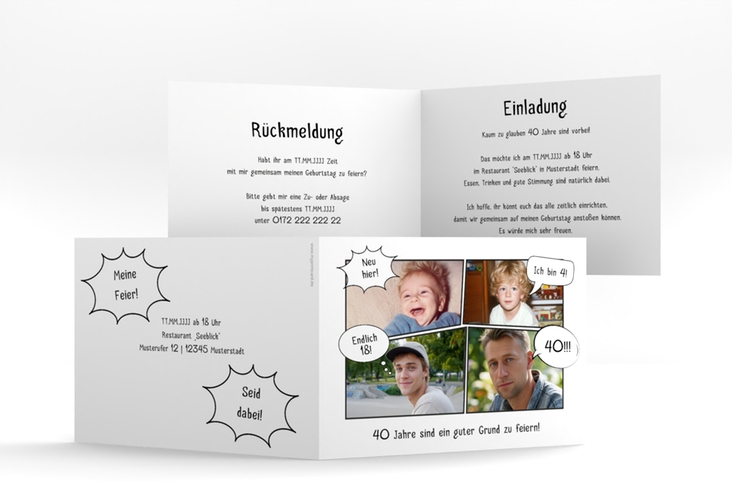 Einladung 40. Geburtstag Comicstrip A6 Klappkarte quer
