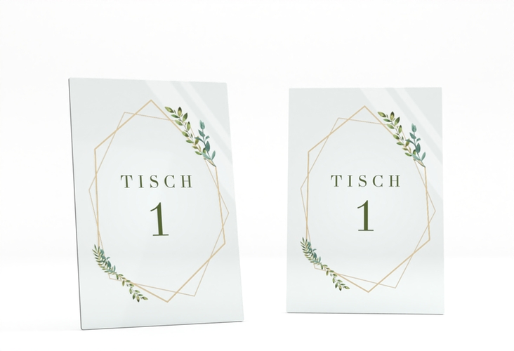 Tischnummer Acryl Hochzeit Herbarium Tischaufsteller Acryl gold mit geometrischem Rahmen und Blätter-Dekor