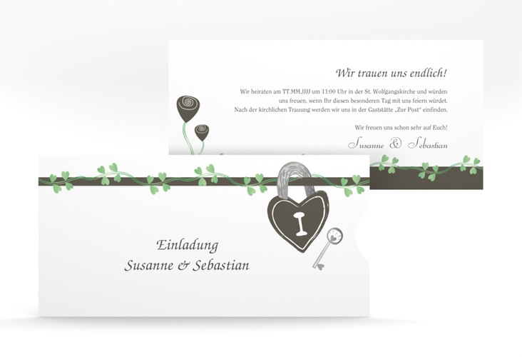 Hochzeitseinladung Oviedo Einsteckkarte gruen hochglanz mit Liebesschloss und Herzen