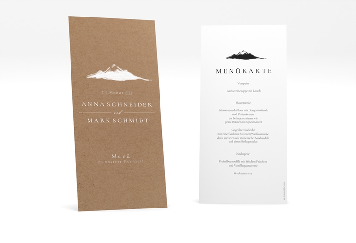 Menükarte Hochzeit Berghochzeit lange Karte hoch Kraftpapier mit Berg-Motiv