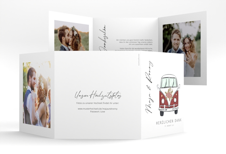 Dankeskarte Hochzeit Hochzeitsbulli quadr. Doppel-Klappkarte rot