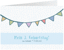 Einladungskarte Kindergeburtstag Freudig A6 Klappkarte quer blau mit Fähnchen-Girlande
