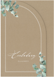 Klick: Details zu Hochzeitseinladung "Eucalypt" anzeigen Hochzeitseinladung Eucalypt mittlere Bogen-Wickelfalzkarte Kraftpapier mit Eukalyptus und edlem Rahmen