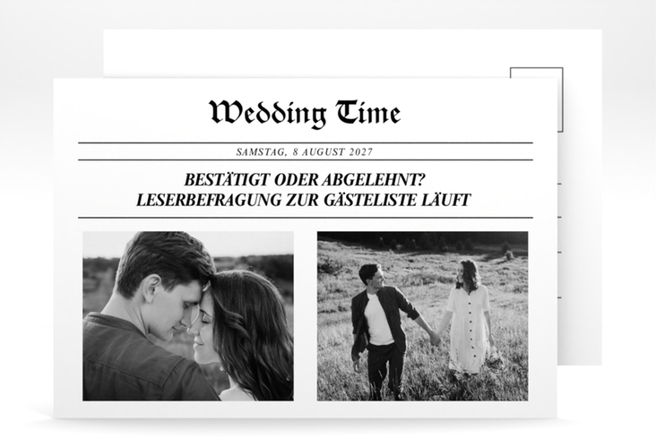 Antwortkarte Hochzeit Wedding Time A6 Postkarte im Stil einer Zeitung