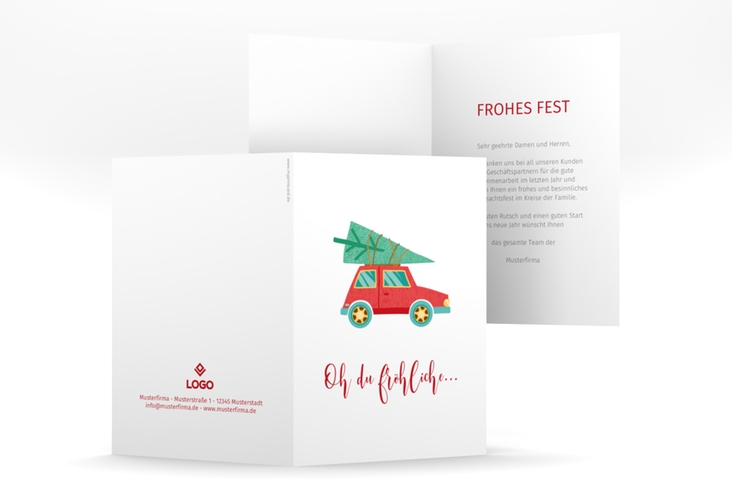Business-Weihnachtskarte Weihnachtslust A6 Klappkarte hoch weiss hochglanz humorvoll mit Christbaum auf Auto