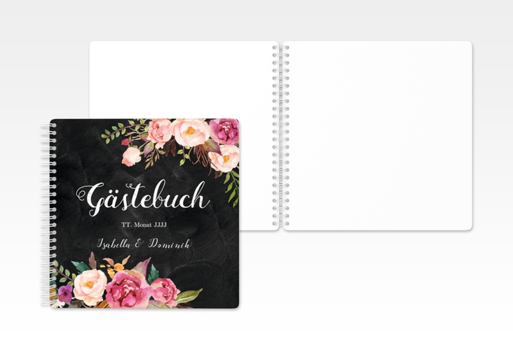 Gästebuch Hochzeit Flowers Ringbindung schwarz mit bunten Aquarell-Blumen