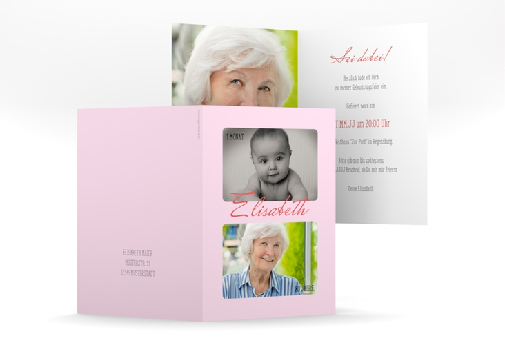 Einladung 80. Geburtstag Zeitlos A6 Klappkarte hoch rosa mit Damals- und Heute-Fotos