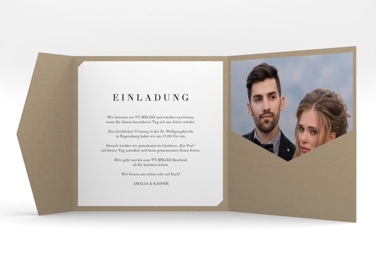 Hochzeitseinladung Filigrana Pocketfold schwarz in reduziertem Design mit Initialen und zartem Blätterkranz