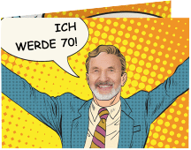 Einladung 70. Geburtstag Popart Man A6 Klappkarte quer gelb