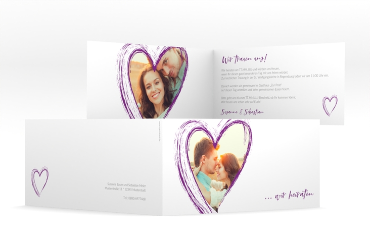 Hochzeitseinladung Liebe lange Klappkarte quer lila hochglanz