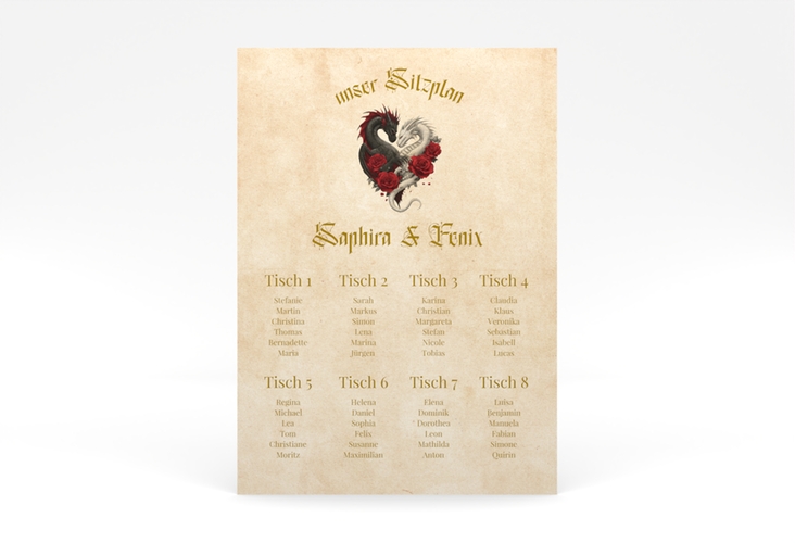 Sitzplan Poster Hochzeit Drachenliebe 50 x 70 cm Poster mit schwarzem und weißem Drachen zu einem Herz verschlungen