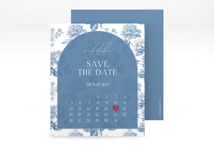 Save the Date-Kalenderblatt Blue Floral Kalenderblatt-Karte blau mit blauem Blumenmuster auf weißem Grund