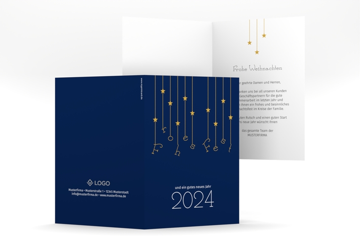 Geschäftliche Weihnachtskarte Windspiel A6 Klappkarte hoch blau schlicht mit Sternchen-Girlande und Jahreszahl