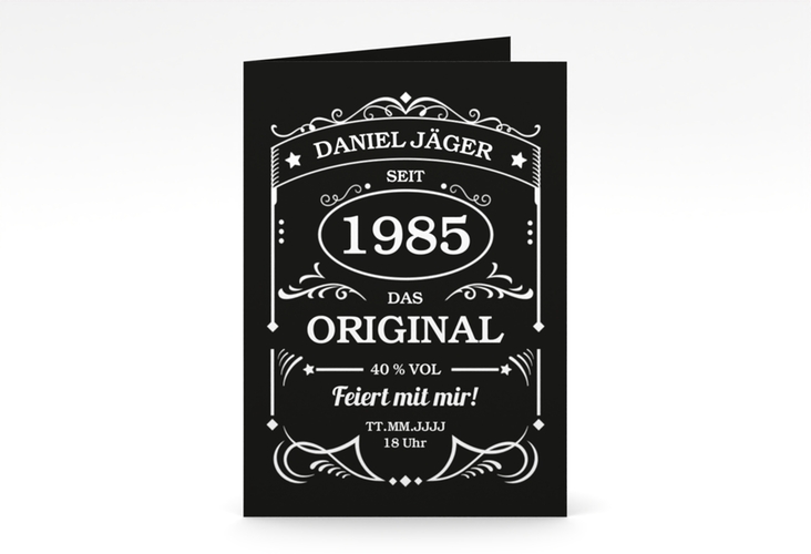 Einladung 40. Geburtstag Guter Jahrgang A6 Klappkarte hoch schwarz hochglanz wie Whisky-Flaschenetikett