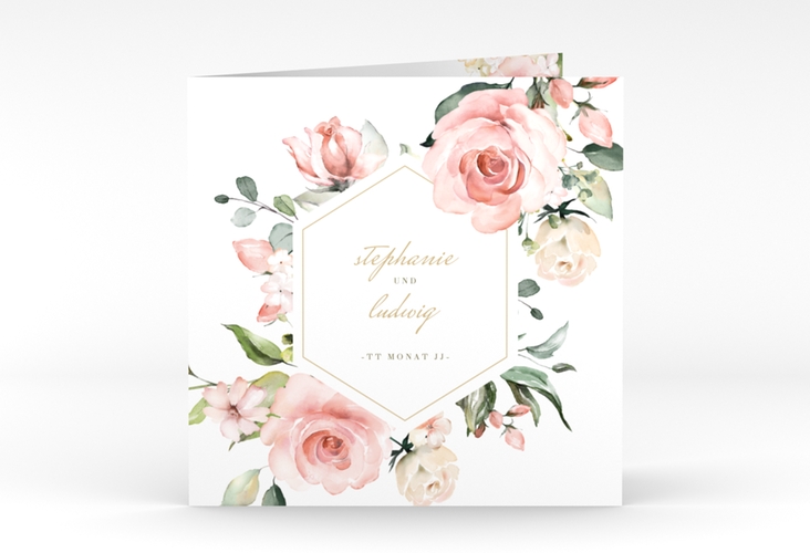 Hochzeitseinladung Graceful quadr. Klappkarte weiss mit Rosenblüten in Rosa und Weiß
