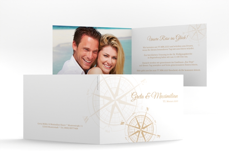 Hochzeitseinladung Windrose A6 Klappkarte quer beige